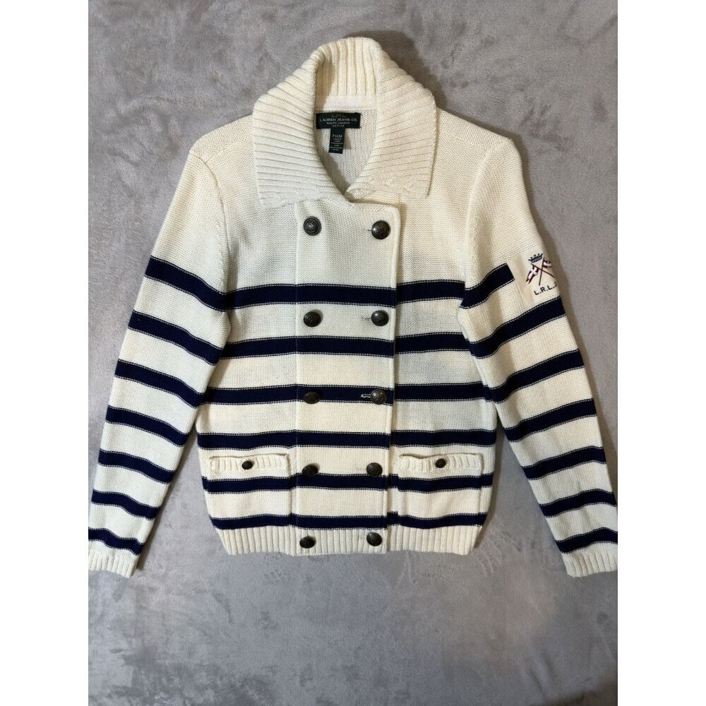 Lauren Ralph Lauren Women's Nautical Striped Cardigan Cream Navy Petite Medium - Picture 1 of 6